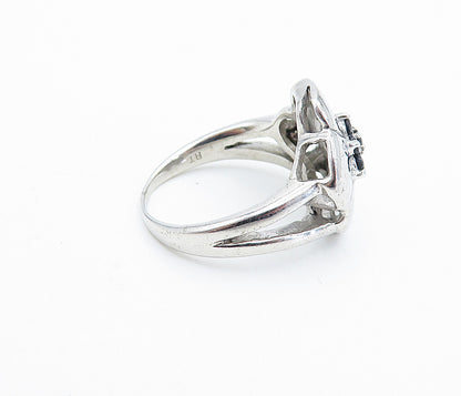 925 Sterling Silver Black Hematite Shiny Floral Statement Ring Sz 6.5 RG6573