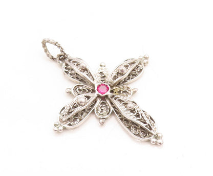 925 Sterling Silver Vintage Pendant Designer Floral Carved Garnet Cross  PT23771