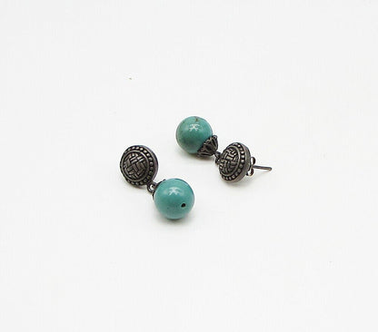 925 Silver  Vintage Beaded Turquoise Dark Tone Stud Drop Earrings  EG1942