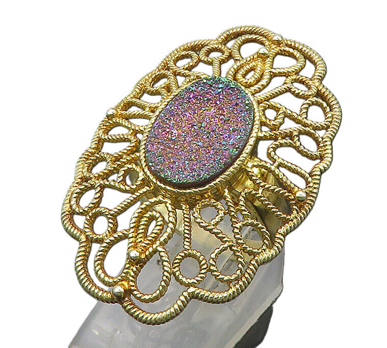 925 Sterling Silver  Vintage Druzy Stone Floral Cocktail Ring Sz 6.5  RG22080