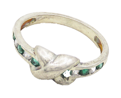 925 Sterling Silver Vintage White & Green Topaz Crossed Band Ring Sz 7 RG18520