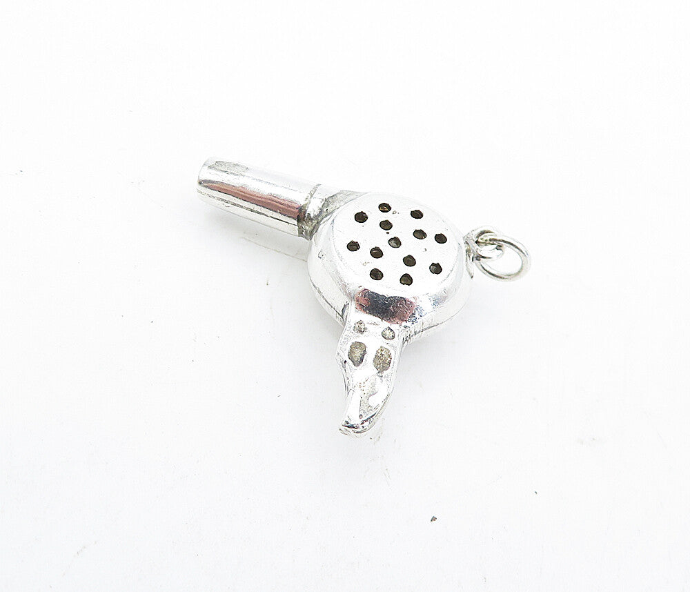 925 Sterling Silver  Vintage Shiny Hair Blow Dryer Motif Drop Pendant  PT3639
