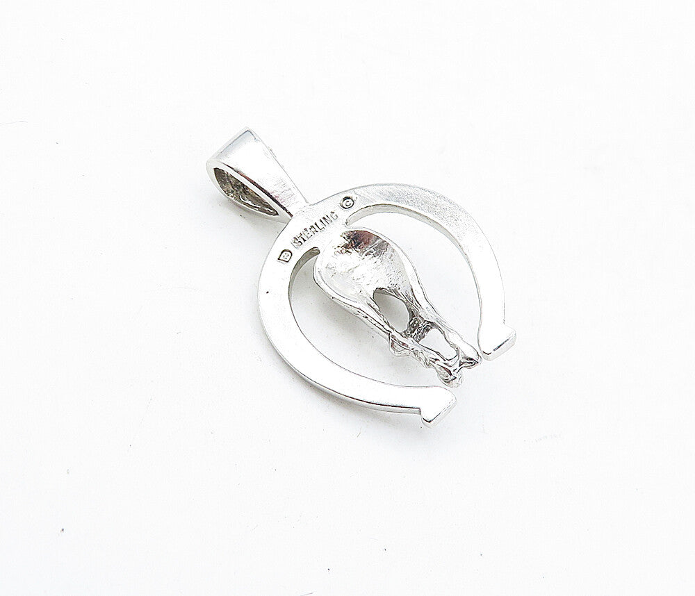925 Sterling Silver  Vintage Shiny Etched Horse Shoe & Tail Pendant  PT3646
