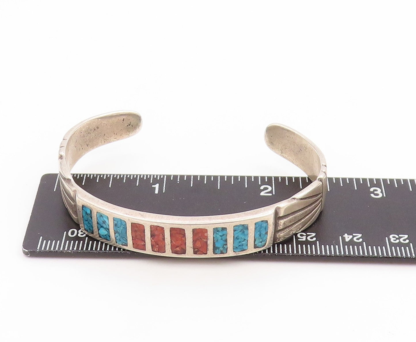 925 Sterling Silver Vintage Bracelet NAVAJO ZUNI Crushed Gemstone Inlay  BT11778