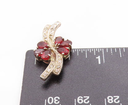 925 Sterling Silver Vintage Pendant Real Diamonds & Garnet Floral Charm  PT25041