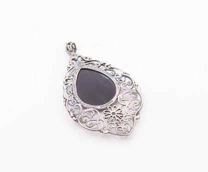 925 Sterling Silver  Vintage Black Onyx Floral Baroque Swirl Pendant  PT15438