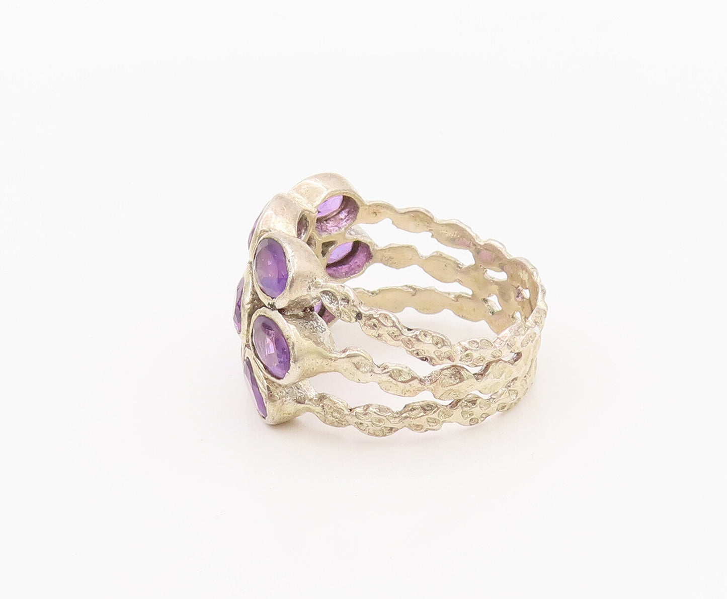925 Sterling Silver Vintage Ring Hammered Rope Band Oval Amethysts Sz 9  RG27616