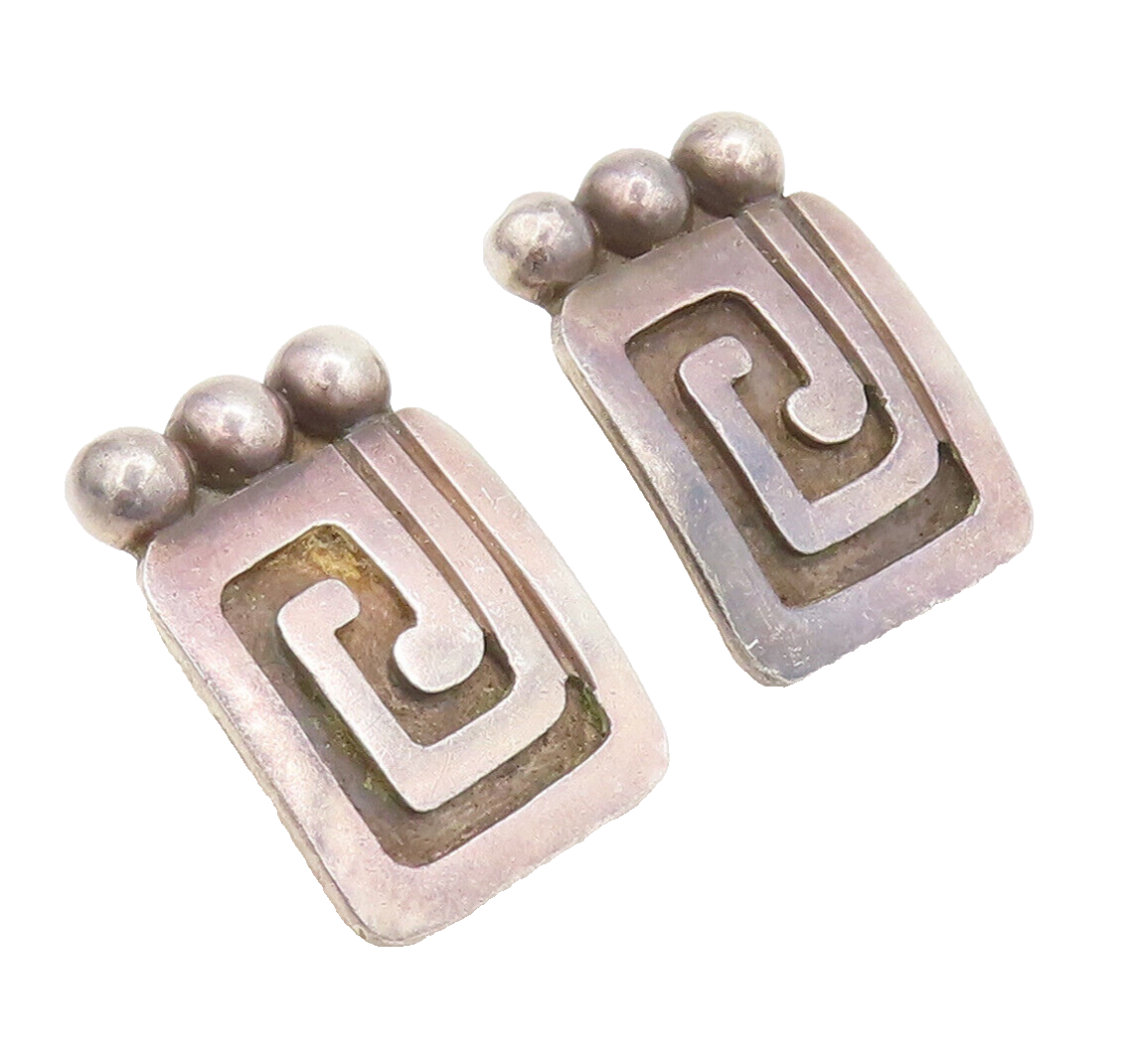 925 Sterling Silver  Vintage Beaded Carved Maze Press Back Earrings  EG12690
