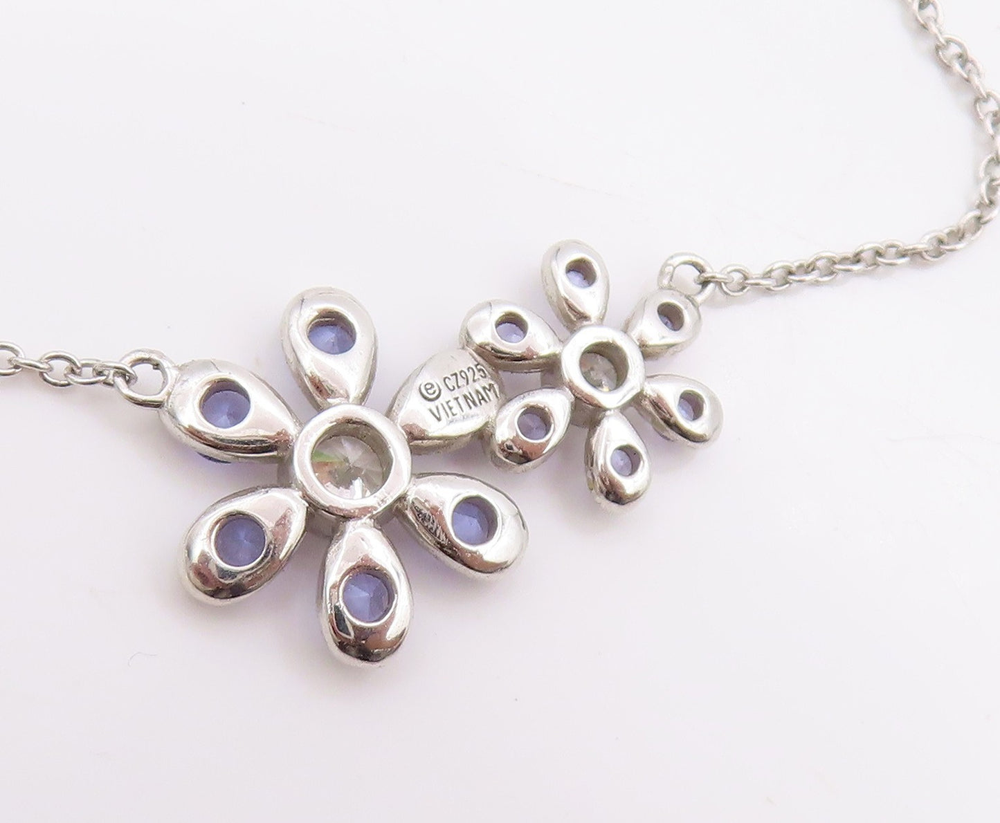 925 Sterling Silver Vintage Necklace Tanzanite & CZ Daisy Floral Chain   NE4628