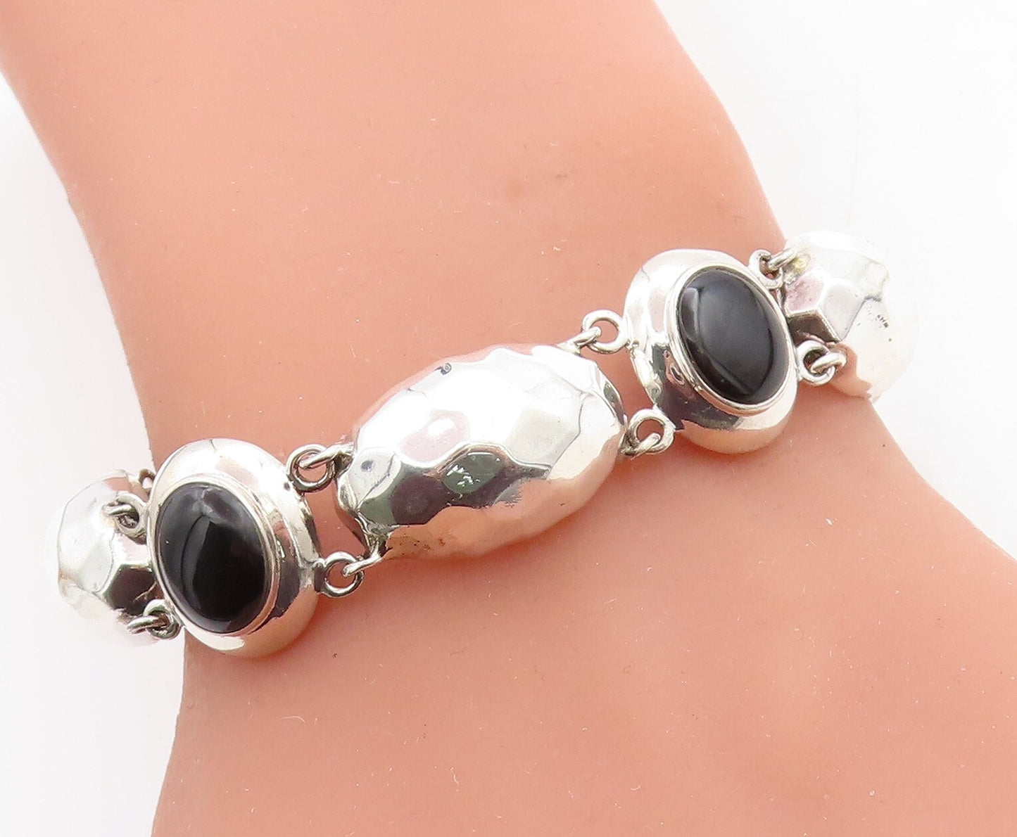 925 Sterling Silver  Black Onyx Shiny Hammered Dome Chain Bracelet  BT1933
