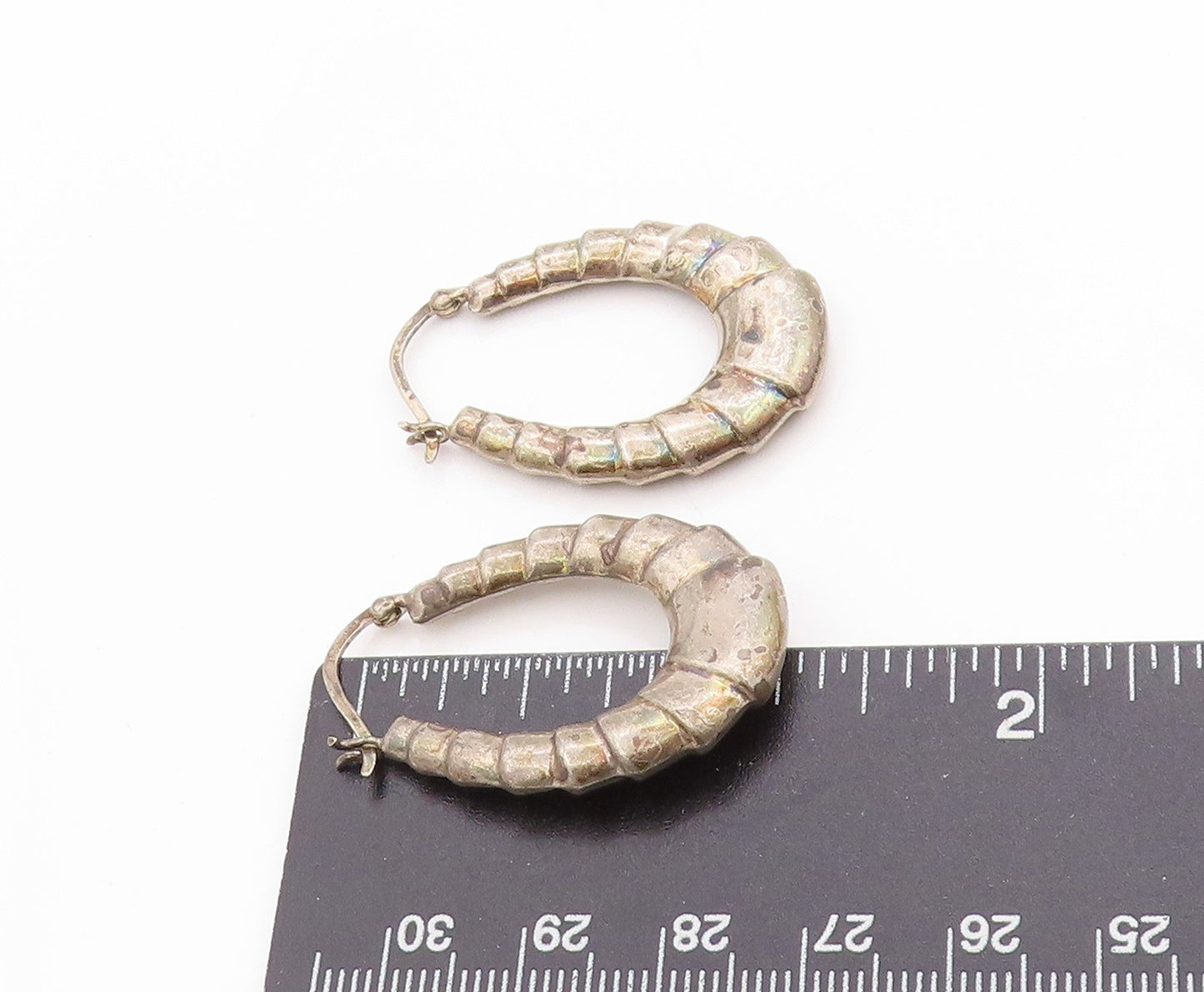 925 Sterling Silver Vintage Earrings Solid Ribbed Statement Design Hoops EG13689