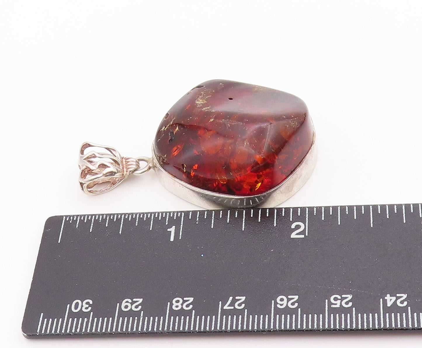 925 Sterling Silver Vintage Pendant Large Amorphas Cabochon Honey Amber  PT24359