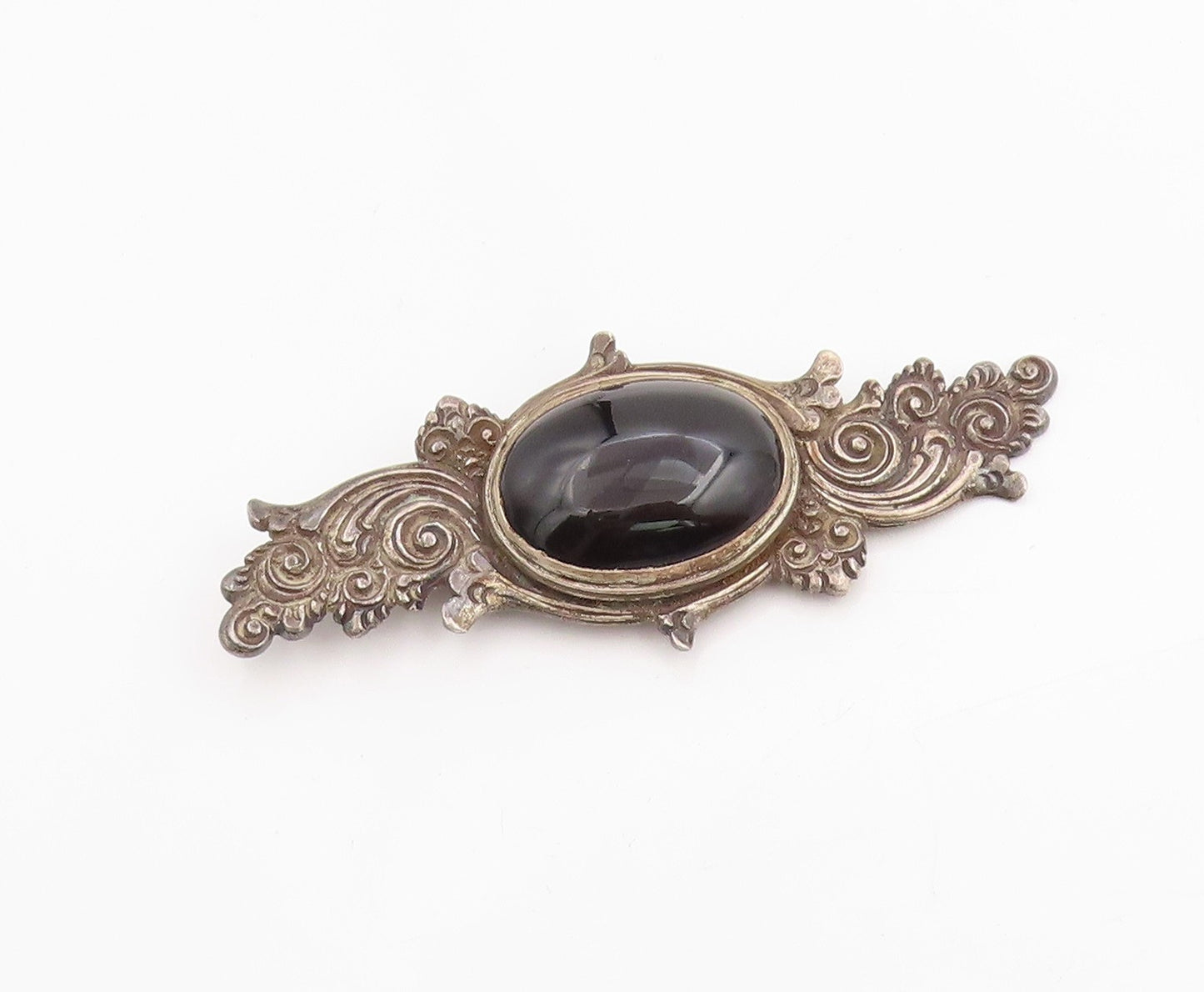 925 Sterling Silver Vintage Brooch Cabochon Onyx Etched Bali Floral Pin  BP12000