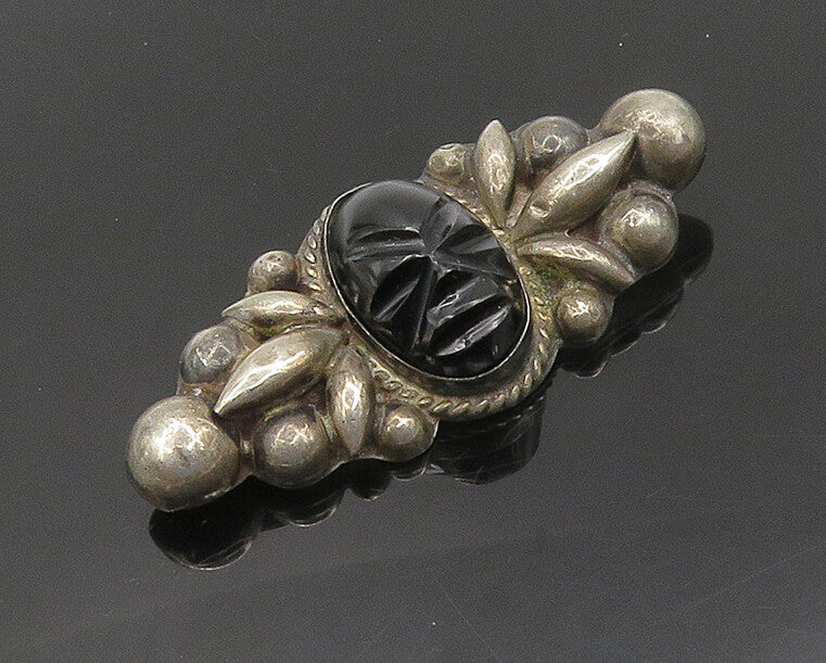 EDR MEXICO 925 Silver  Vintage Face Carved Black Onyx Brooch Pin  BP7062