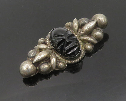 EDR MEXICO 925 Silver  Vintage Face Carved Black Onyx Brooch Pin  BP7062
