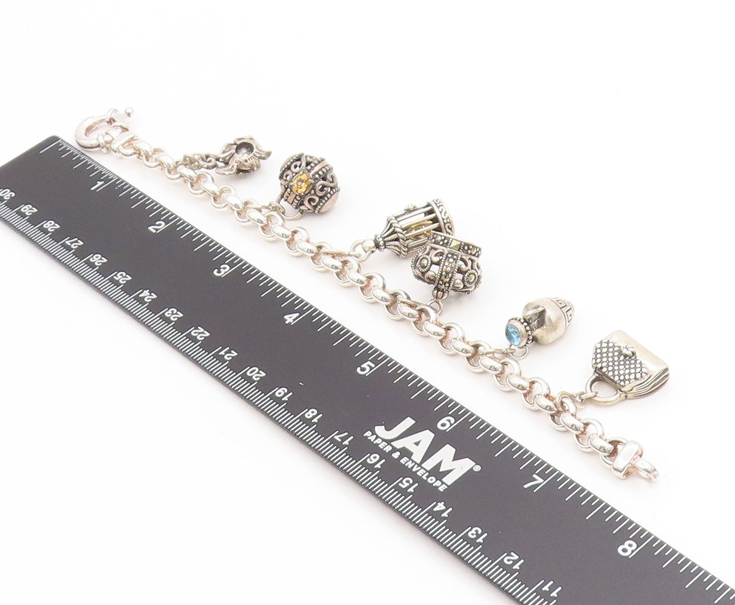 925 Sterling Silver Vintage Bracelet Multi Gemstone Storyteller Charms  BT11757