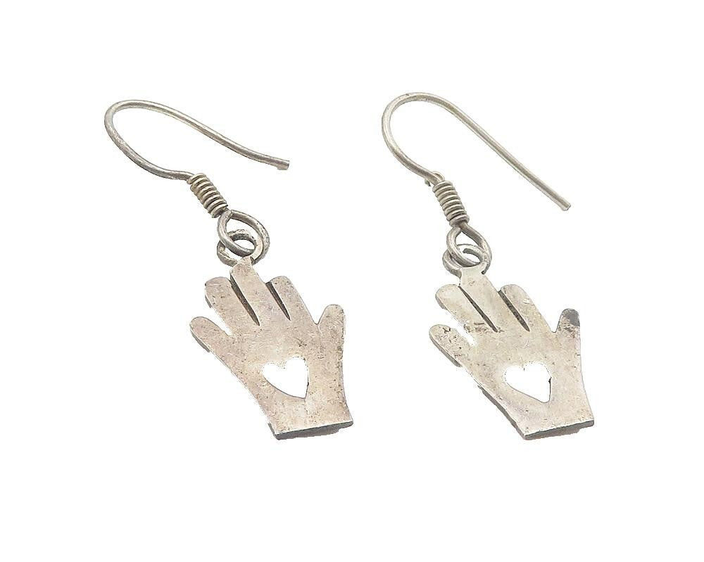 925 Sterling Silver  Vintage Dark Tone Love Heart Hand Dangle Earrings  EG6066