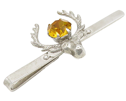 SCOTLAND 925 Silver  Vintage Citrine Shiny Reindeer Head Tie Clip  TR2239