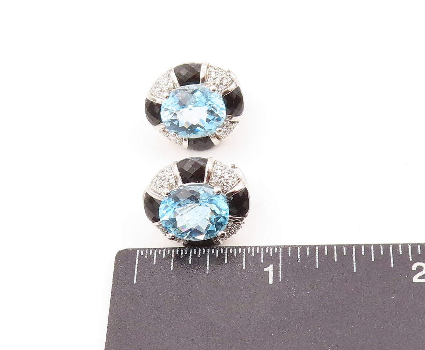 925 Sterling Silver Vintage Earrings Oval Blue Topaz Halo Sapphire & CZ  EG13346