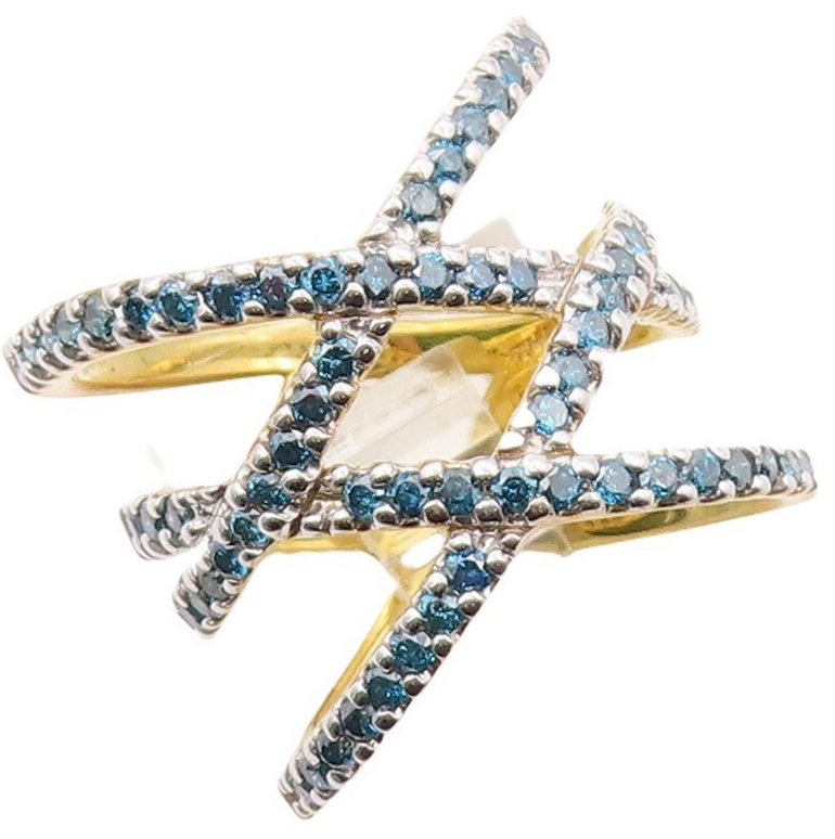 925 Sterling Silver Vintage Ring Gold Plated Cutout Blue Diamonds Sz 7.5 RG30808