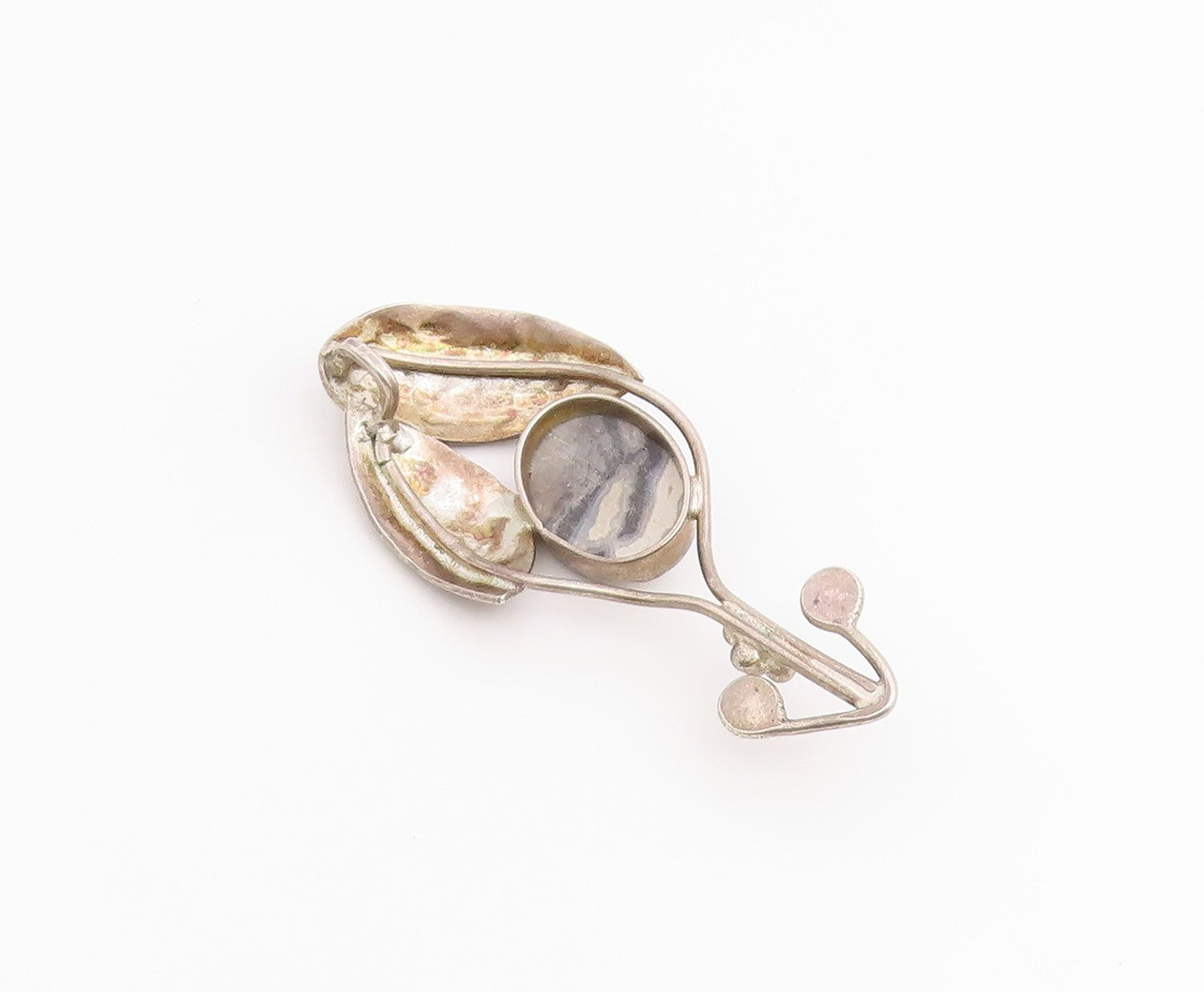 925 Sterling Silver Vintage Pendant Modernist Agate Etched Autumn Leaf  PT26538