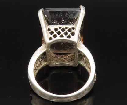 925 Silver Vintage Square Smoky Quartz Open Pattern Band Ring Sz 7.5  RG25394
