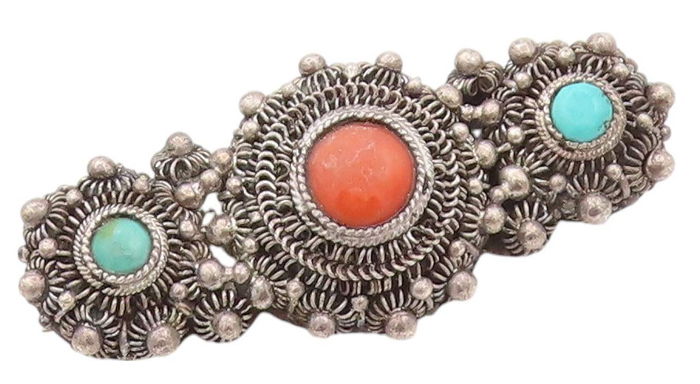 925 Sterling Silver Vintage Brooch CHINESE EXPORT Turquoise Flowers  BP11578