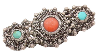 925 Sterling Silver Vintage Brooch CHINESE EXPORT Turquoise Flowers  BP11578