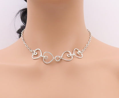 925 Sterling Silver Vintage Necklace Designer Linked Hearts Cutout  NE4525