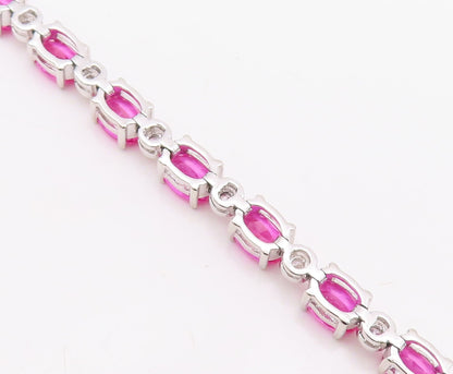 925 Sterling Silver Vintage Bracelet Minimalist Oval Pink White CZ Band  BT10867