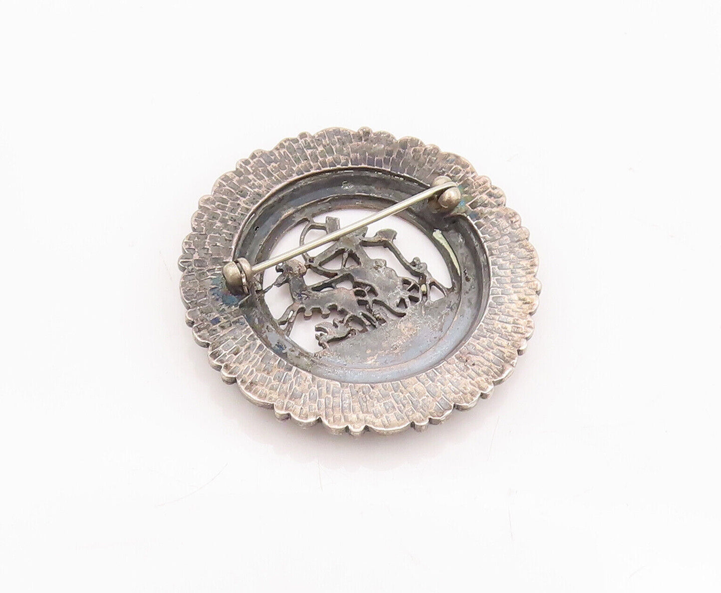 925 Sterling Silver Vintage Brooch Pin Antique Carved War Landscape  BP10887