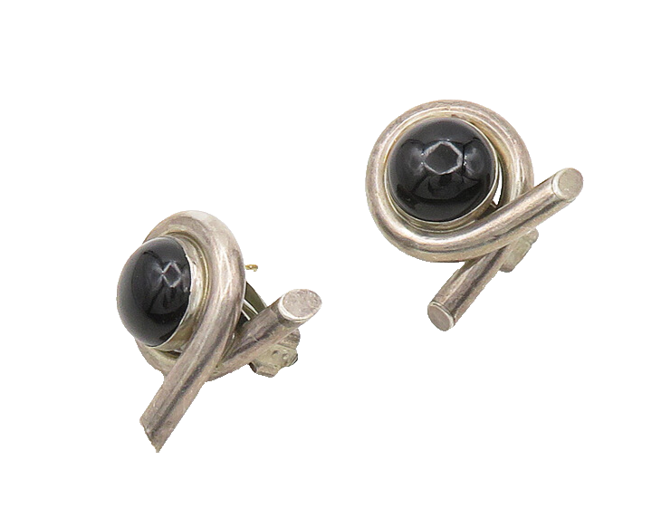 925 Silver & 14K GOLD  Vintage Cabochon Black Onyx Drop Earrings  EG9675