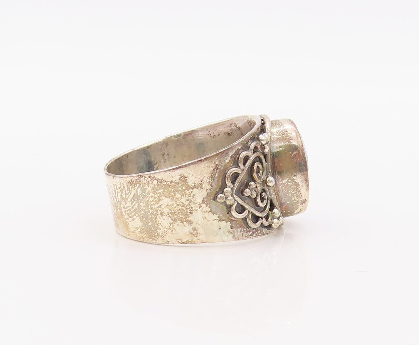 925 Sterling Silver Vintage Ring Carved Heart Design Gemstone  Sz 9.5  RG30764