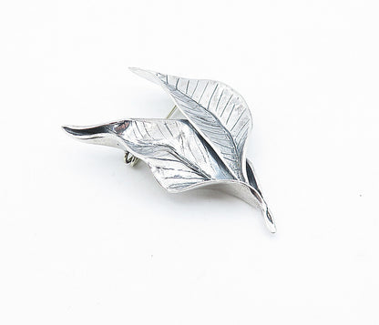 925 Sterling Silver  Vintage Shiny Etched Floral Leaves Brooch Pin  BP1623