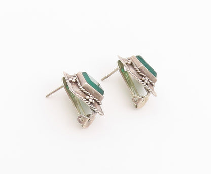 925 Sterling Silver Vintage Earrings Green Onyx Beaded Frame Clip On  EG14432