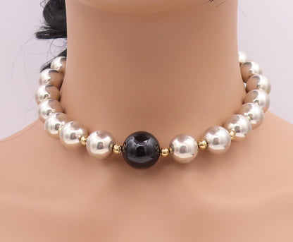 14k Gold 925 Sterling Silver Vintage Necklace Designer Large Onyx Bead  NE4470