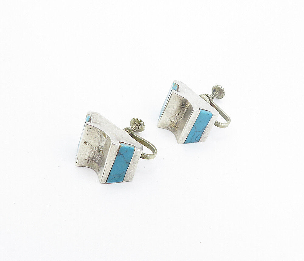 MEXICO 925 Silver  Vintage Inlaid Turquoise Non Pierce Screw Earrings  EG3330