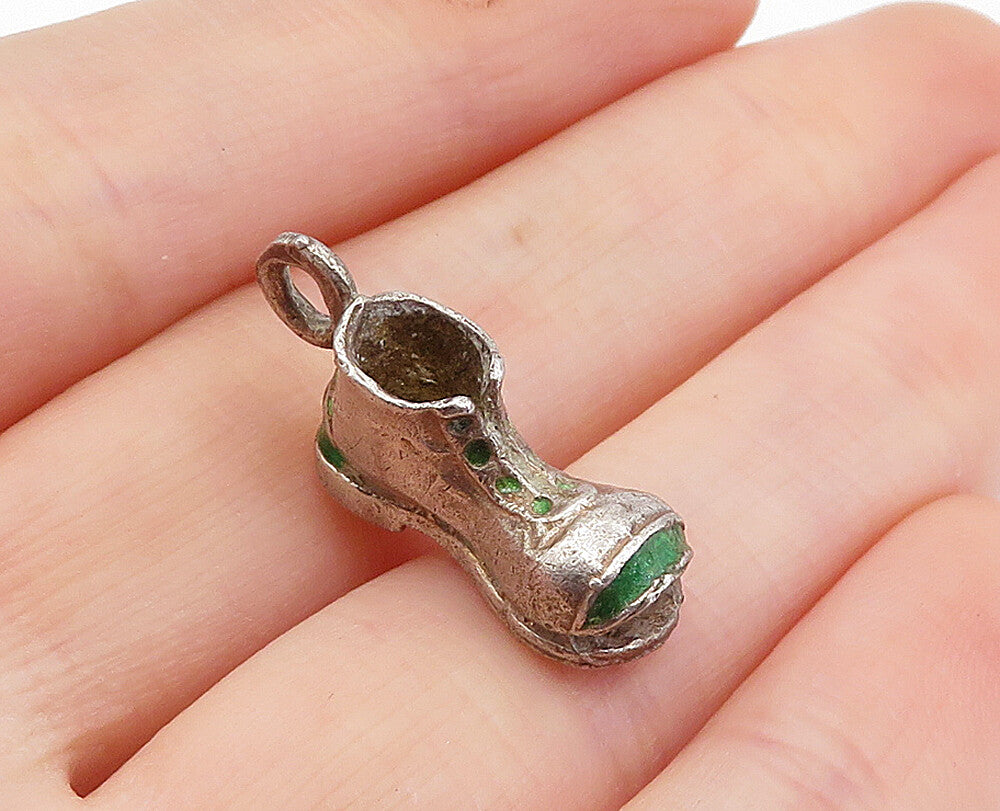 925 Sterling Silver  Vintage Enamel Detail Old Fashioned Shoe Pendant  PT2974