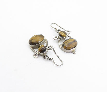 925 Sterling Silver  Vintage Faceted Tiger's Eye Swirl Dangle Earrings  EG3699