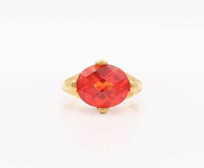 925 Sterling Silver Vintage Ring Gold Plated Solid Oval Cut Red CZ  Sz 8 RG28192
