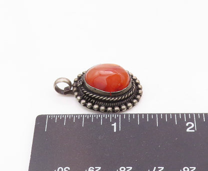 925 Silver  Vintage Beaded & Twisted Rope Border Carnelian Pendant  PT20992