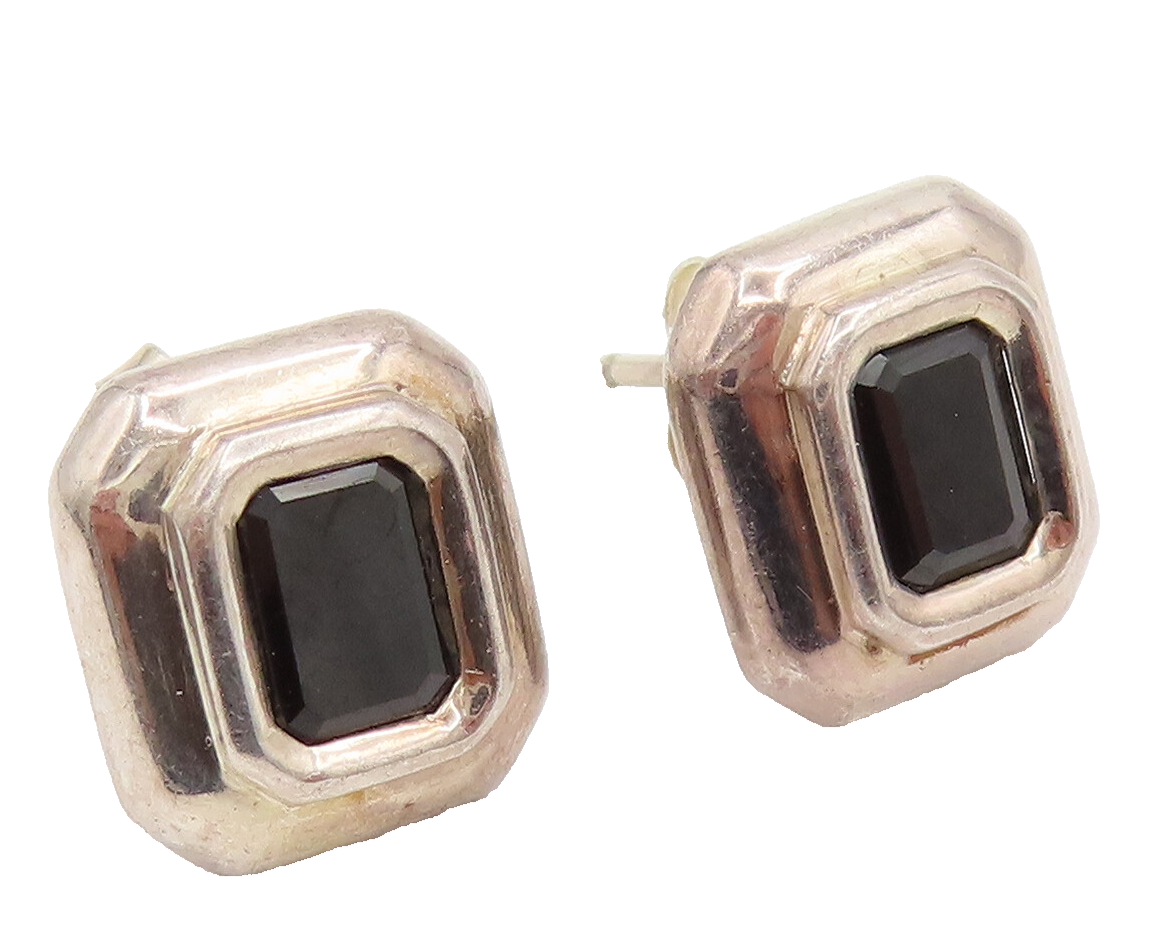 925 Sterling Silver  Vintage Emerald Cut Black Onyx Stud Earrings  EG12323