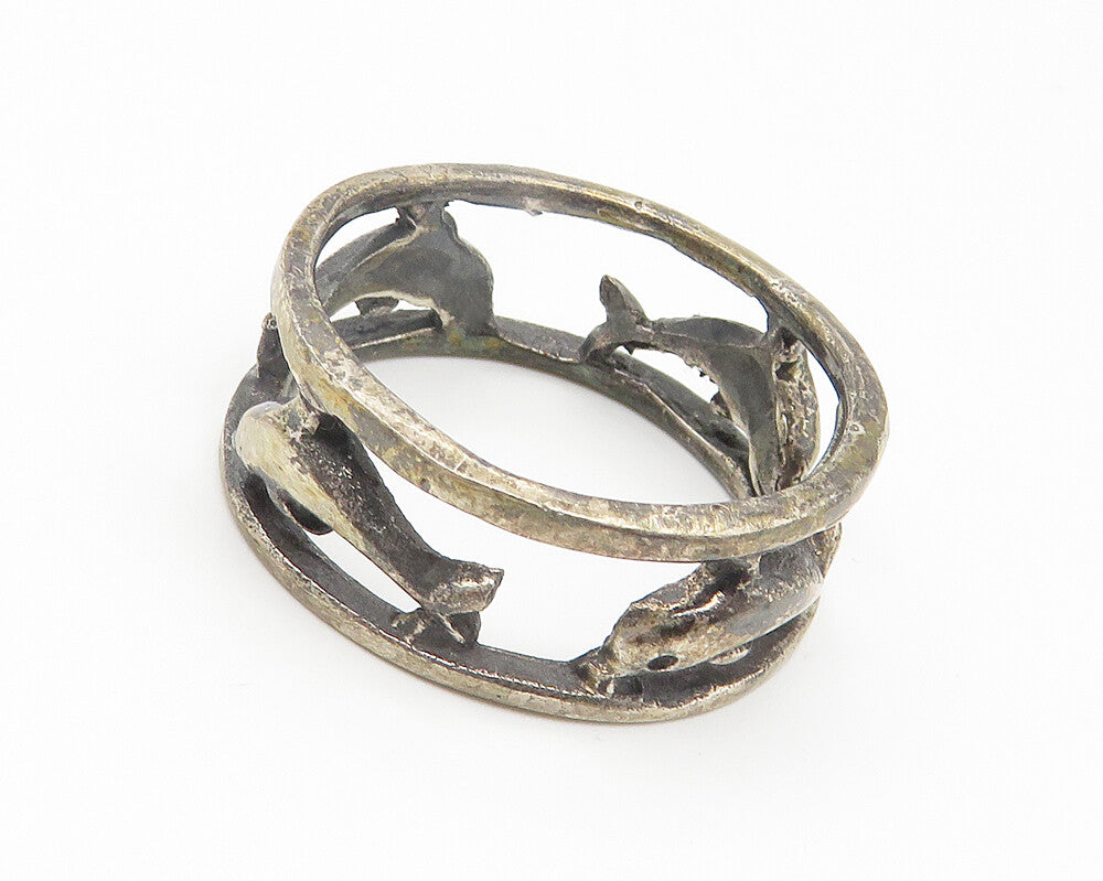 925 Sterling Silver  Vintage Oxidized Dolphins Open Band Ring Sz 9.5  RG10792
