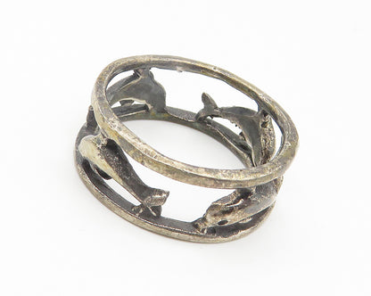 925 Sterling Silver  Vintage Oxidized Dolphins Open Band Ring Sz 9.5  RG10792