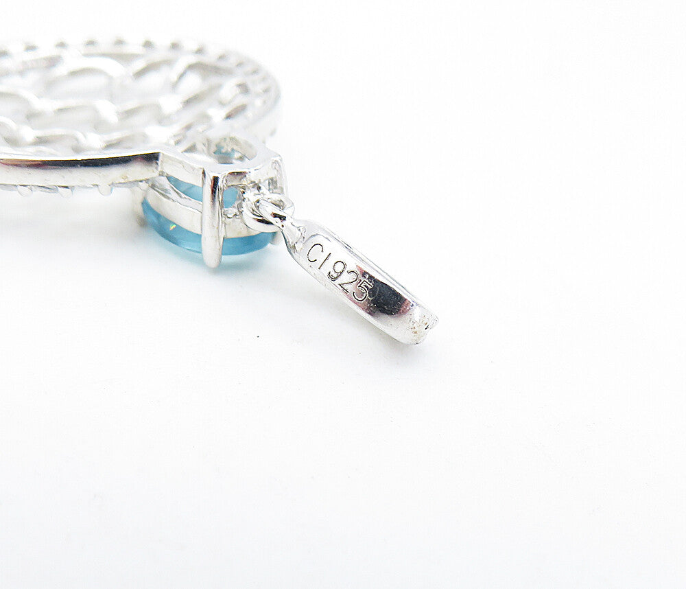 925 Sterling Silver  Blue & White Topaz Shiny Open Design Drop Pendant  PT5220