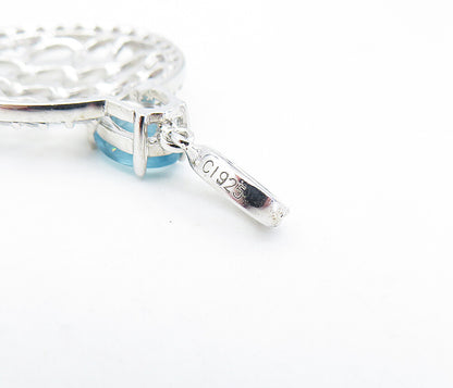 925 Sterling Silver  Blue & White Topaz Shiny Open Design Drop Pendant  PT5220