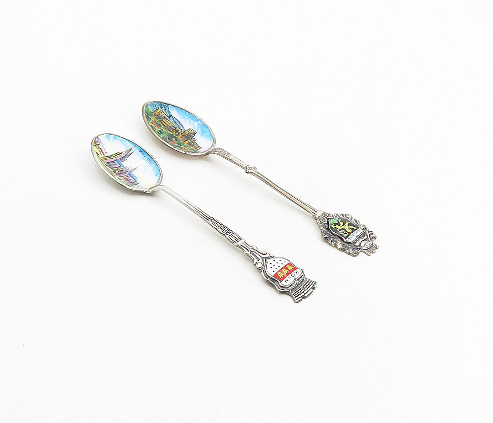 REU 925 Sterling Silver  Vintage Enamel German City Espresso Spoon Set  TR1575
