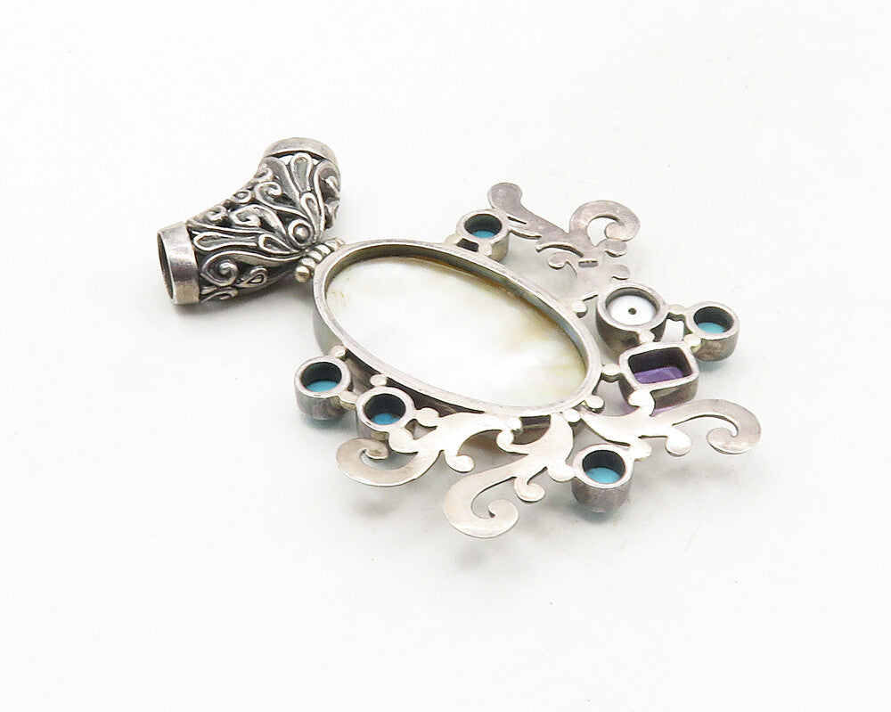 925 Silver  Vintage Mother Of Pearl Turquoise Amethyst & Pearl Pendant  PT7729