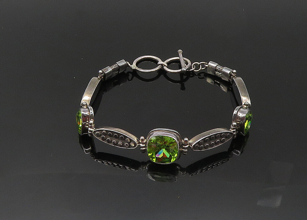 925 Sterling Silver  Vintage Peridot Circle Pattern Chain Bracelet  BT8398