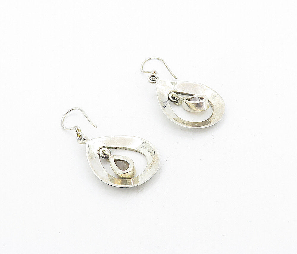 925 Sterling Silver  Vintage Tear Drop Quartz Patterned Dangle Earrings EG3713